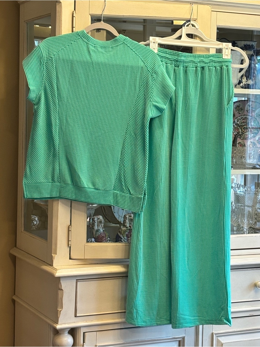 T&C Apparel Ribbed Lounge Set Small Green Two Piece Matching Set Wide Leg Pants - Picture 3 of 5